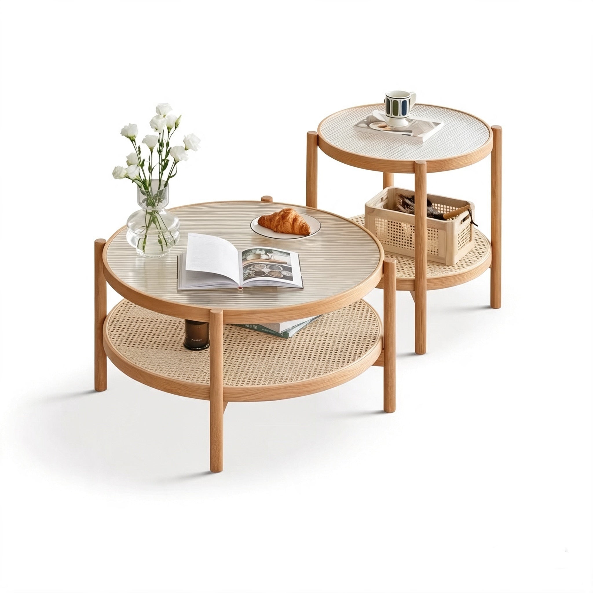 Sora Solid Wood, Glass & Rattan Nesting Coffee Table Set - Wood