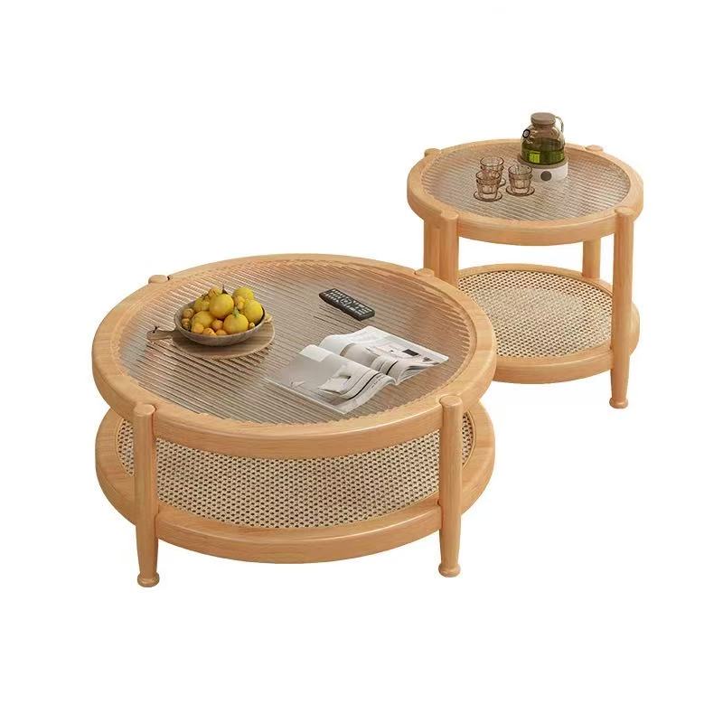 Lagom Sora Solid Wood, Glass & Rattan Nesting Coffee Table  - Wood