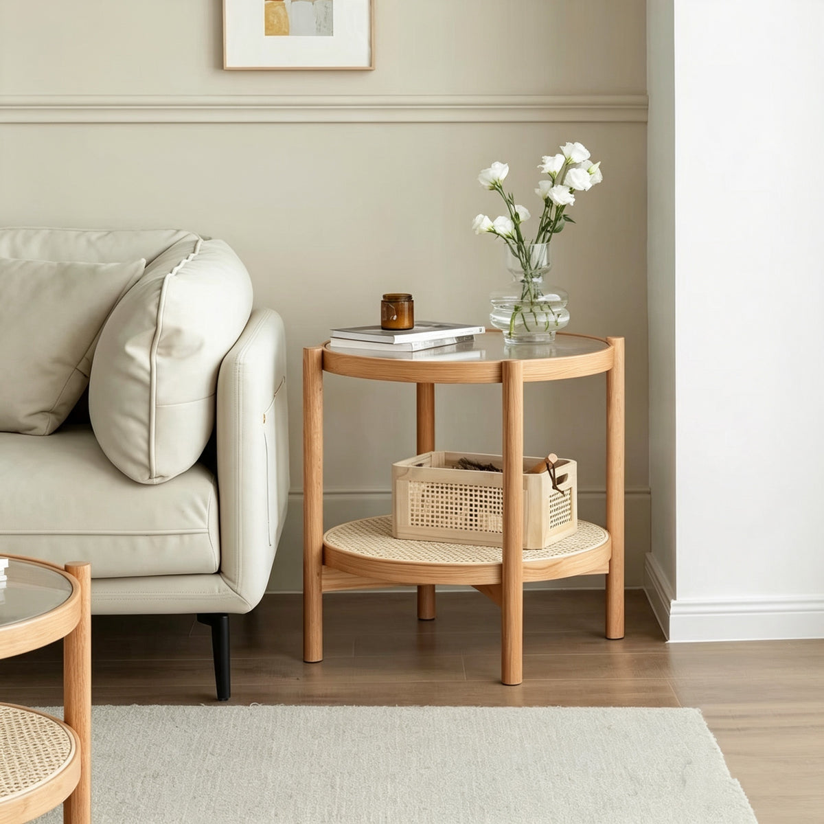 Lagom Sora Solid Wood, Glass & Rattan Nesting Coffee Table  - Wood