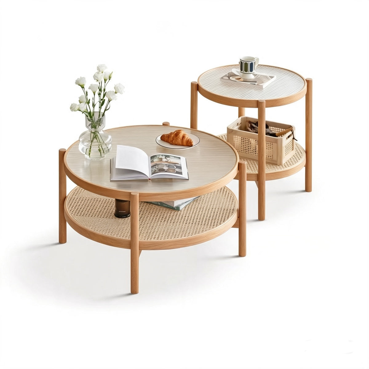 Lagom Sora Solid Wood, Glass & Rattan Nesting Coffee Table  - Wood