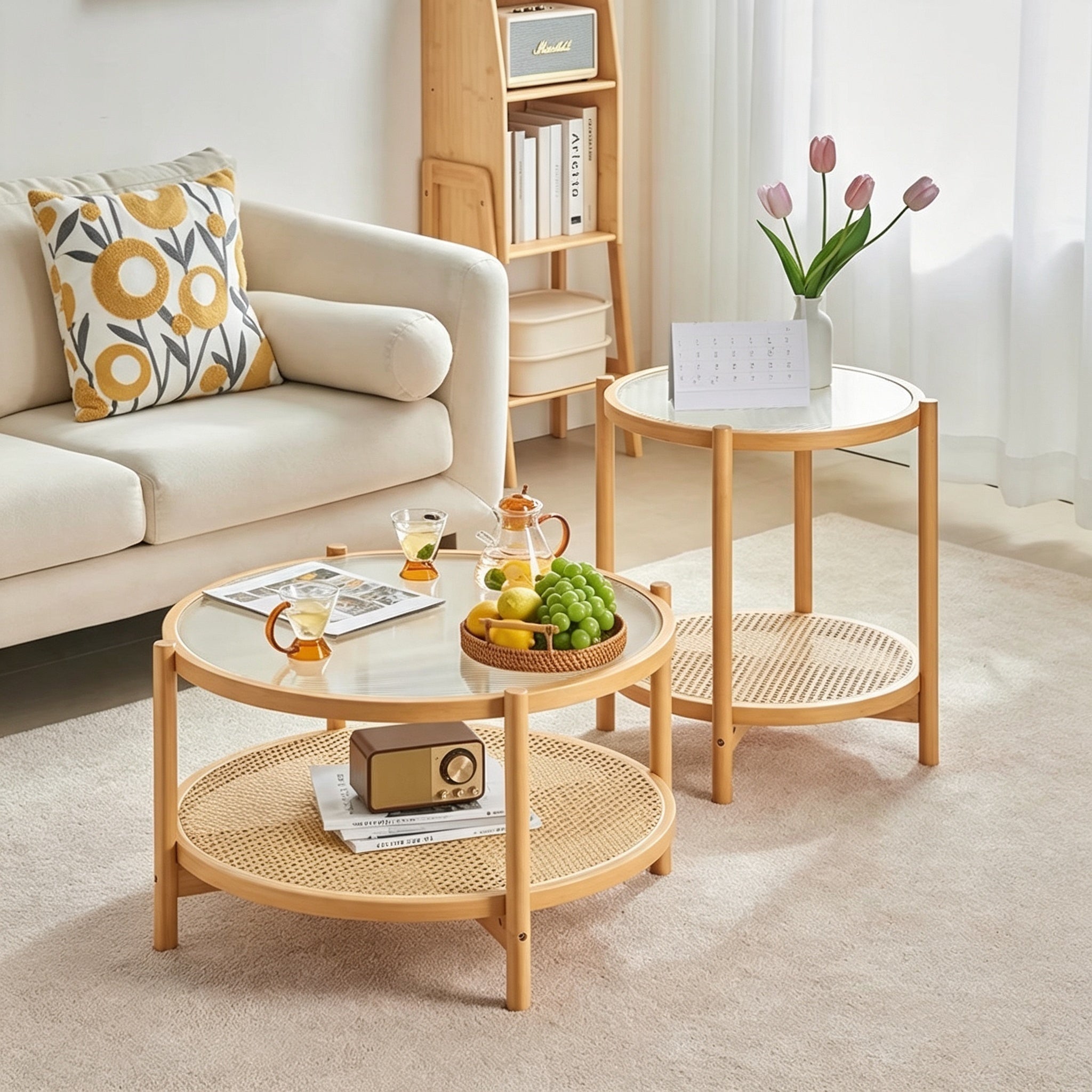 Sora Solid Wood, Glass & Rattan Nesting Coffee Table Set - Wood