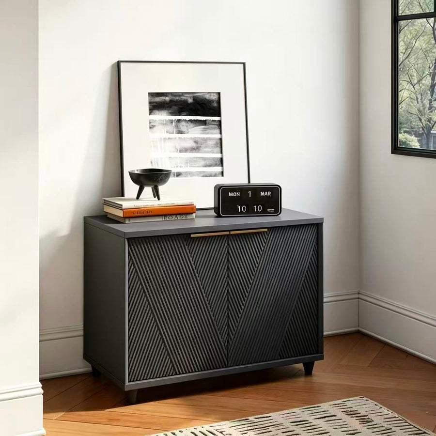 Velmora fluted media console in a dark wood finish
