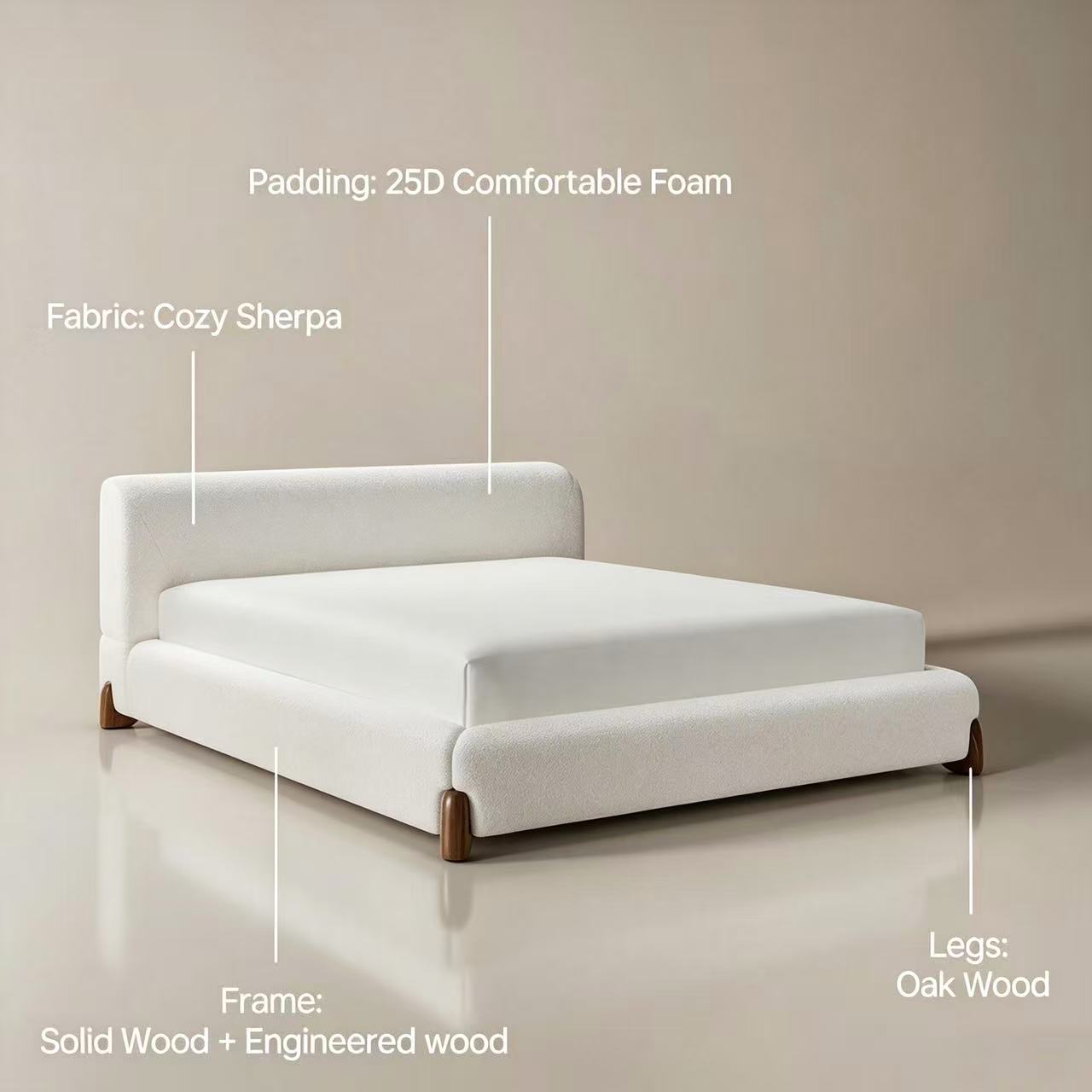 Sora Japandi Sherpa Platform Bed with Thick Upholstered Headboard, Queen
