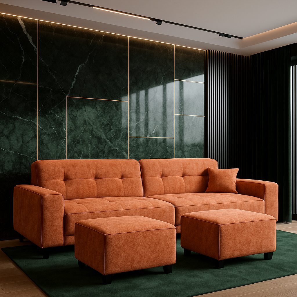 Mossy Cloud Duo-Lounge 3M Sofa with Two Footrests, Orange image 0