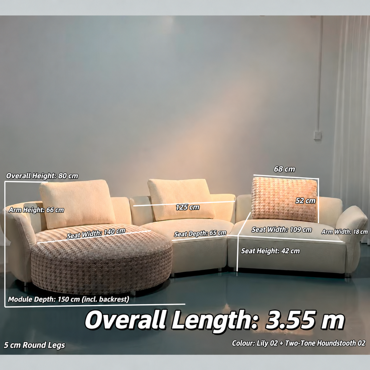 Arlo Modular Sofa with Curved Chaise & Houndstooth Accents
