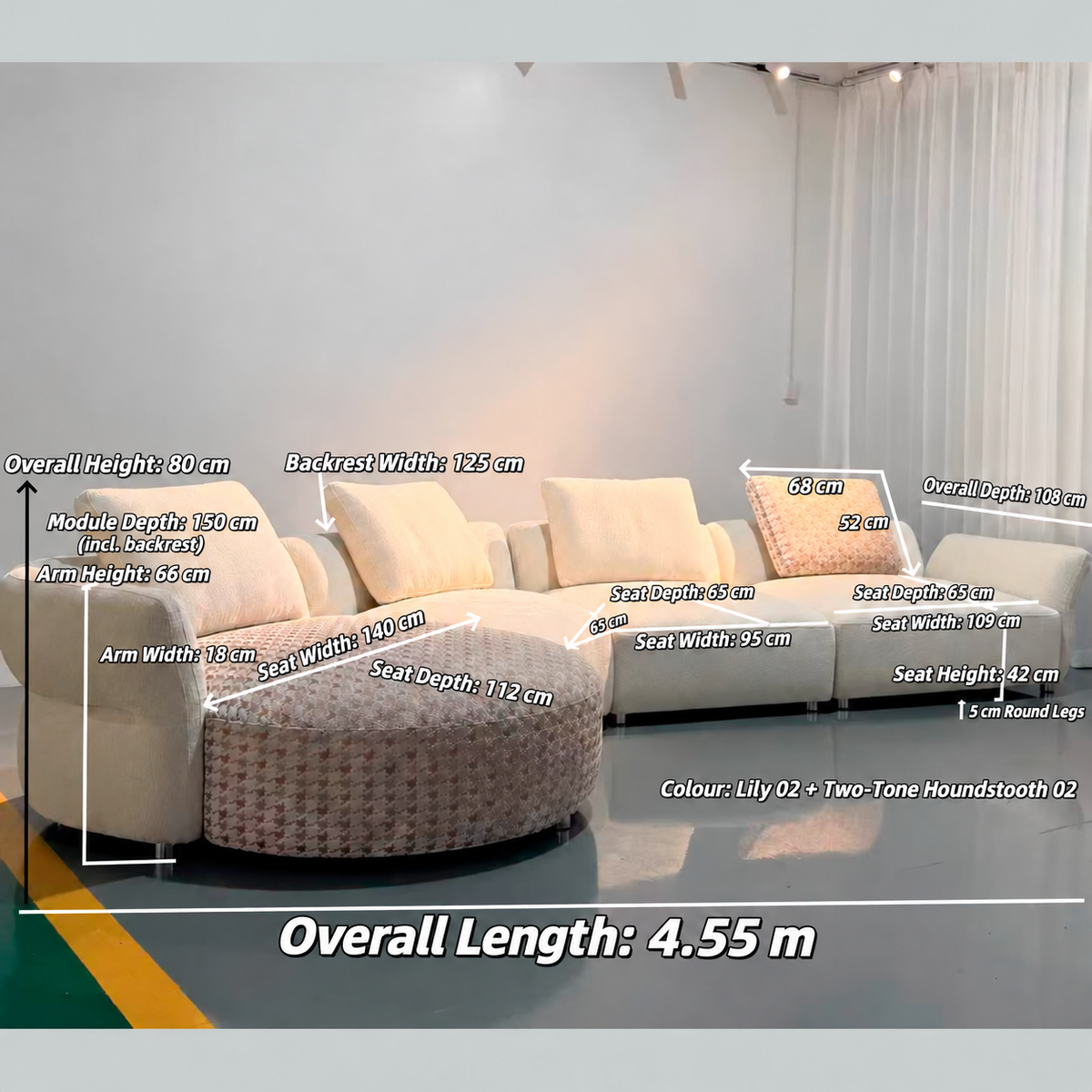 Arlo Modular Sofa with Curved Chaise & Houndstooth Accents
