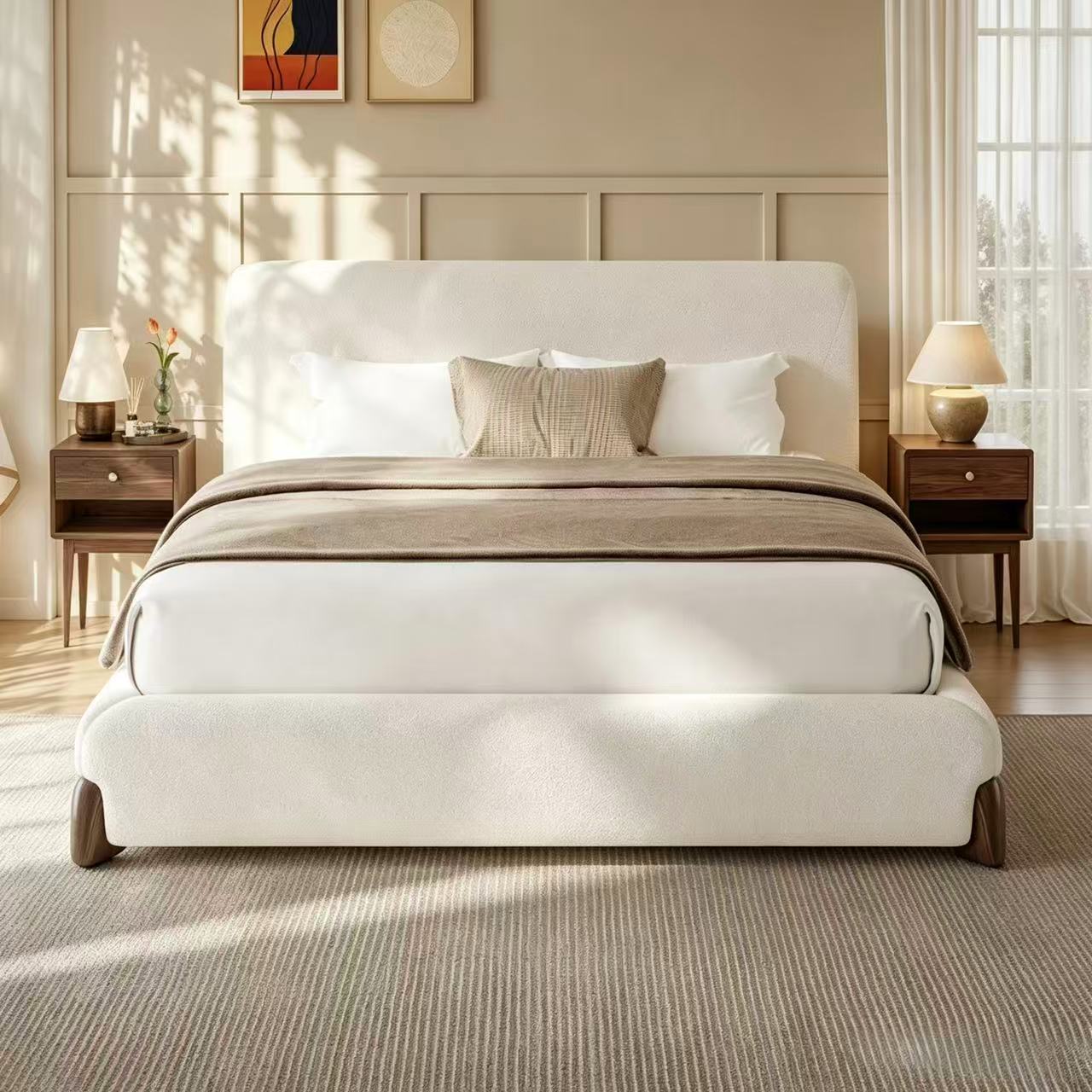 Sora Japandi Sherpa Platform Bed with Thick Upholstered Headboard, Queen