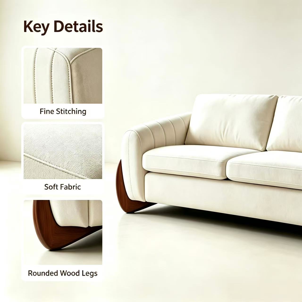Luna Curved Arm Sofa -Ivory White
