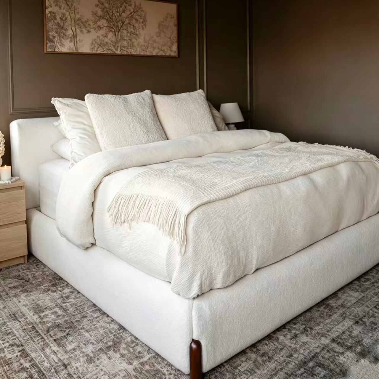 Sora Japandi Sherpa Platform Bed with Thick Upholstered Headboard, Queen