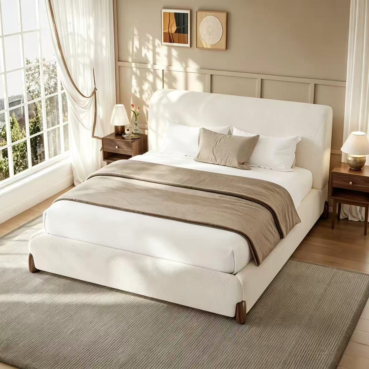 Sora Japandi Sherpa Platform Bed with Thick Upholstered Headboard, Queen