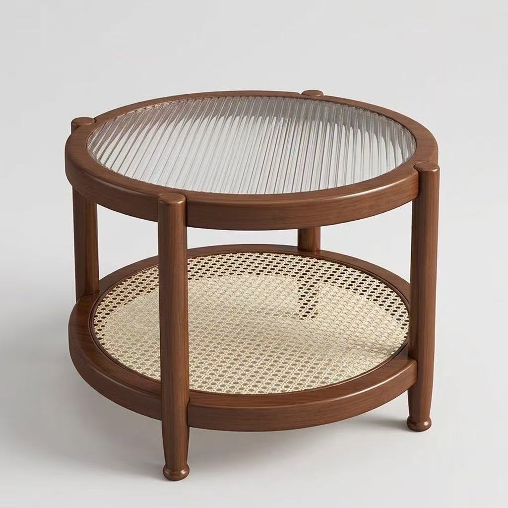 Lagom Sora Solid Wood, Glass & Rattan Nesting Coffee Table - Walnut