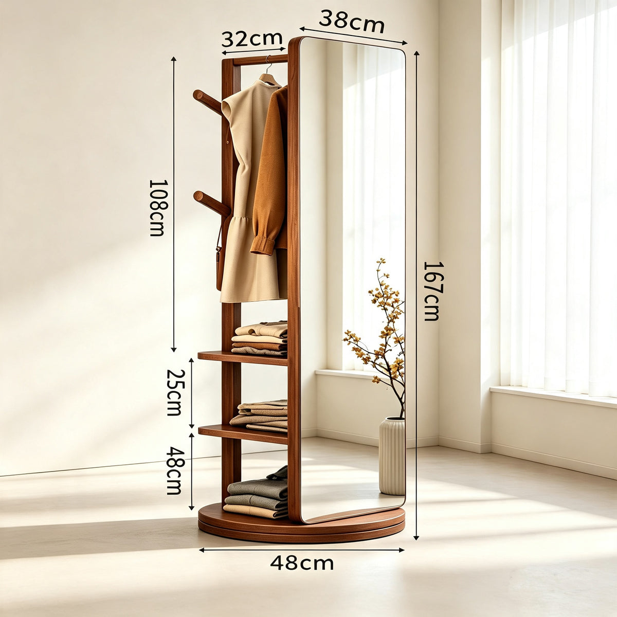 Lagom Rotate Mirror Coat Stand, Walnut