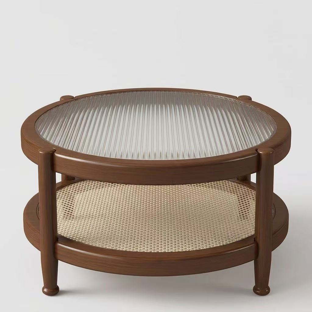 Lagom Sora Solid Wood, Glass & Rattan Nesting Coffee Table - Walnut