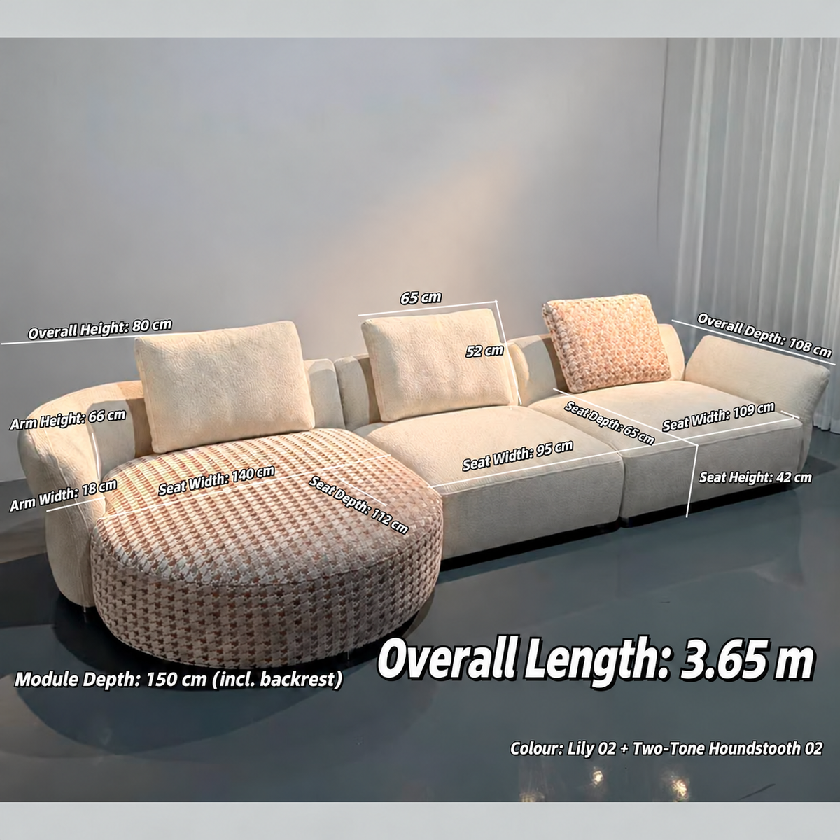 Arlo Modular Sofa with Curved Chaise & Houndstooth Accents
