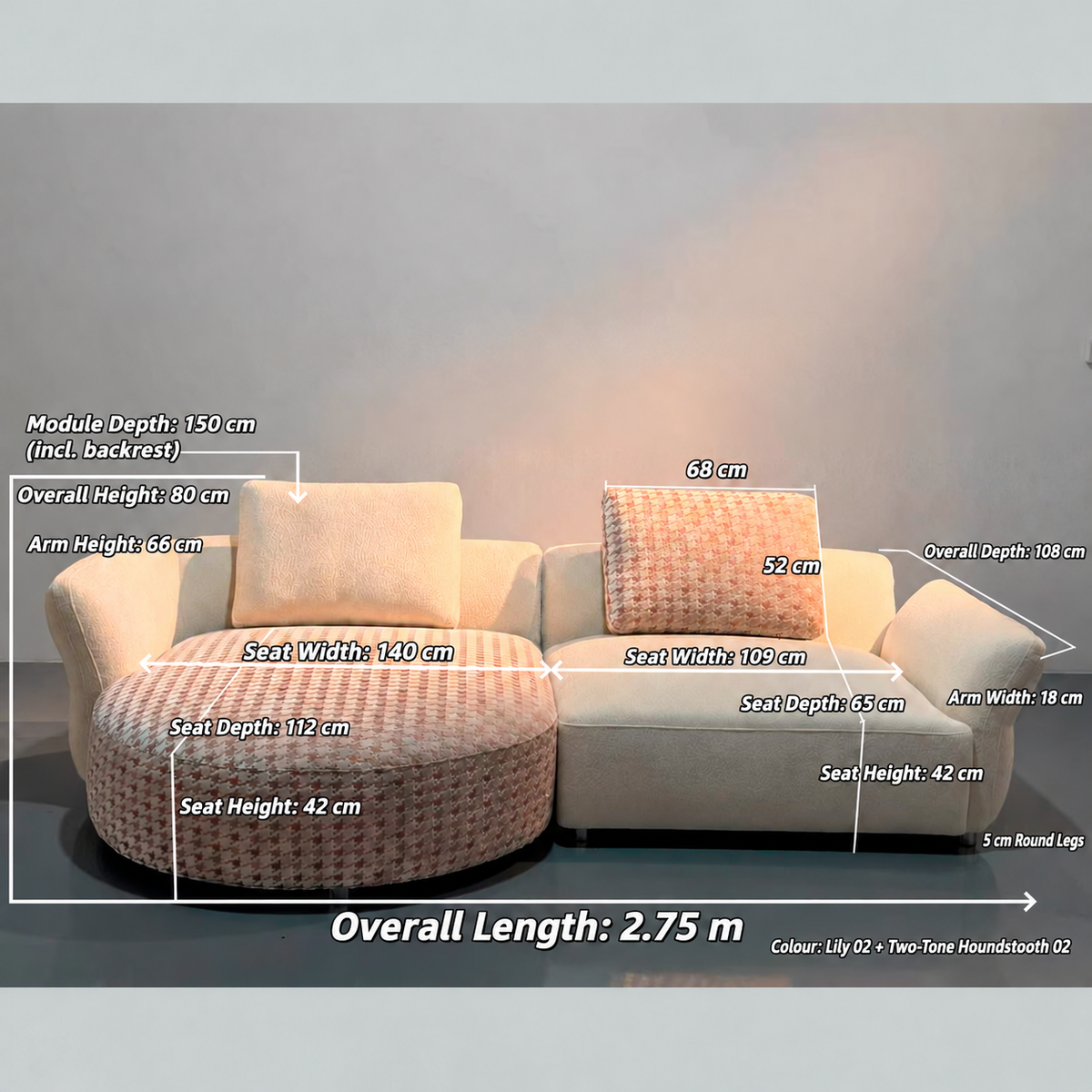 Arlo Modular Sofa with Curved Chaise & Houndstooth Accents