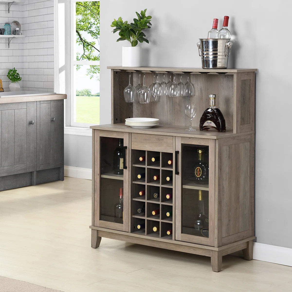 Ashford Bar Cabinet with Wine Rack and Glass Doors