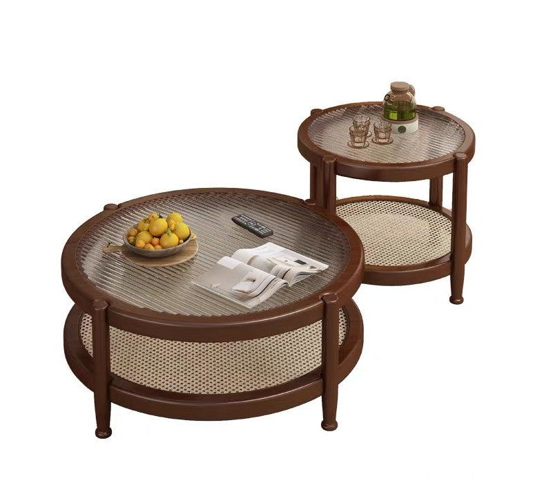 Sora Solid Wood, Glass & Rattan Nesting Coffee Table Set - Walnut