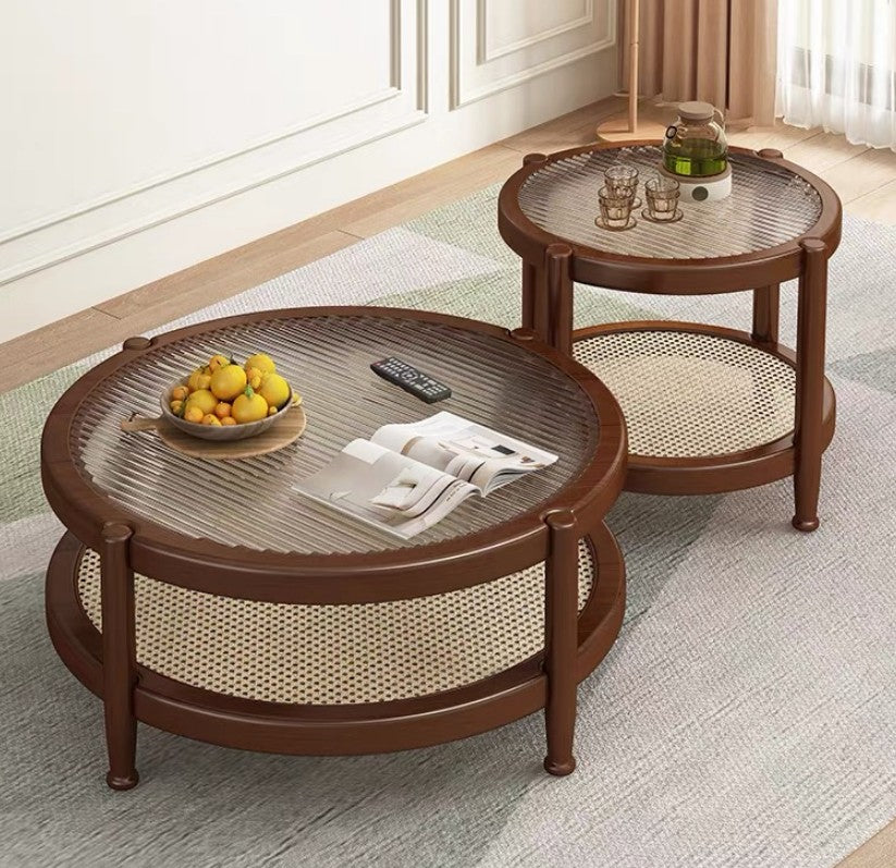 Sora Solid Wood, Glass & Rattan Nesting Coffee Table Set - Walnut