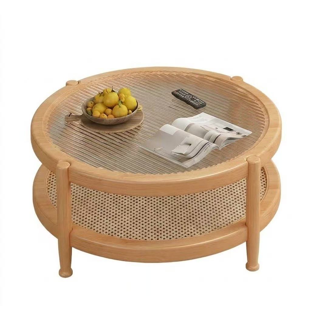 Lagom Sora Solid Wood, Glass & Rattan Nesting Coffee Table  - Wood