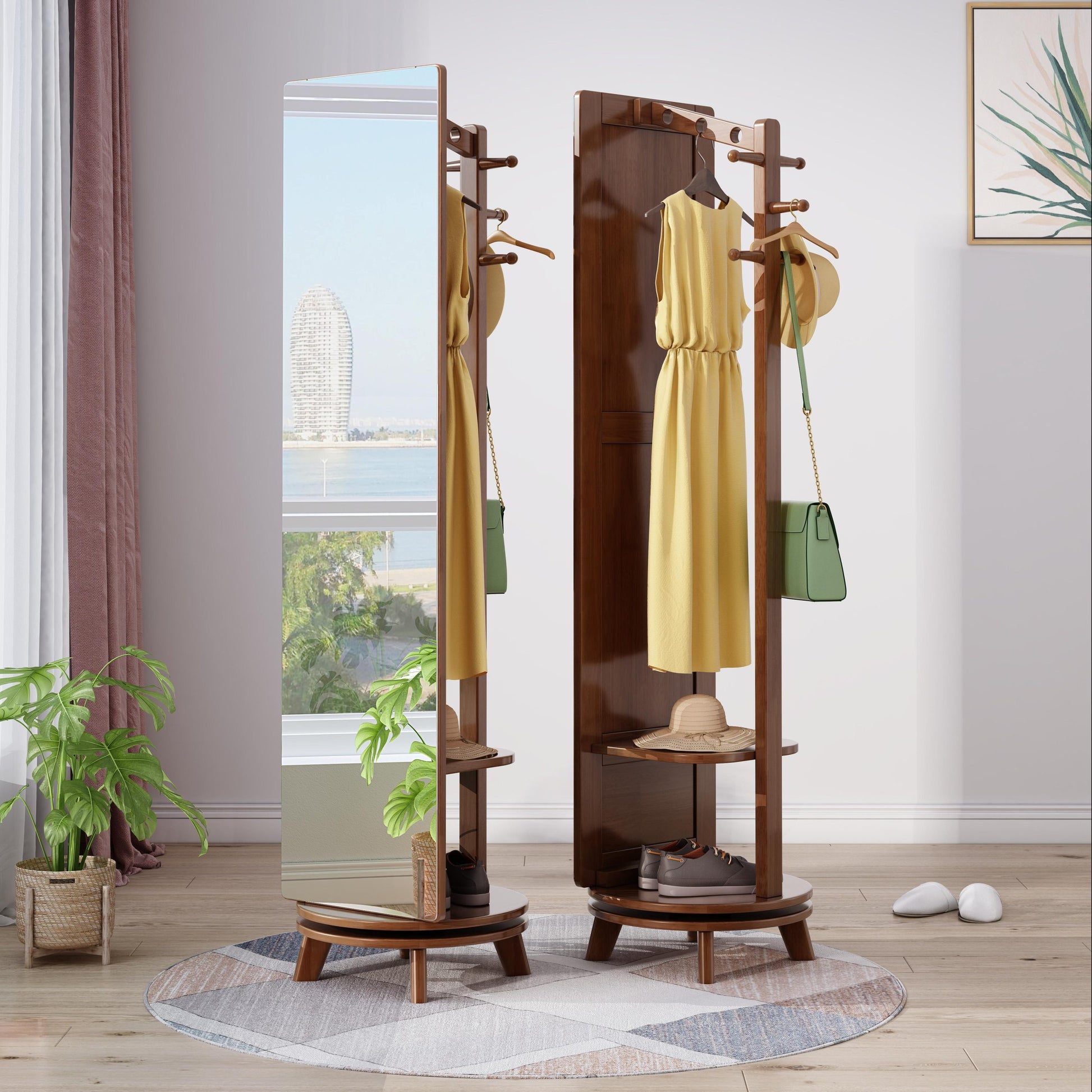 Lagom Rotate Mirror Coat Stand, Walnut image 0