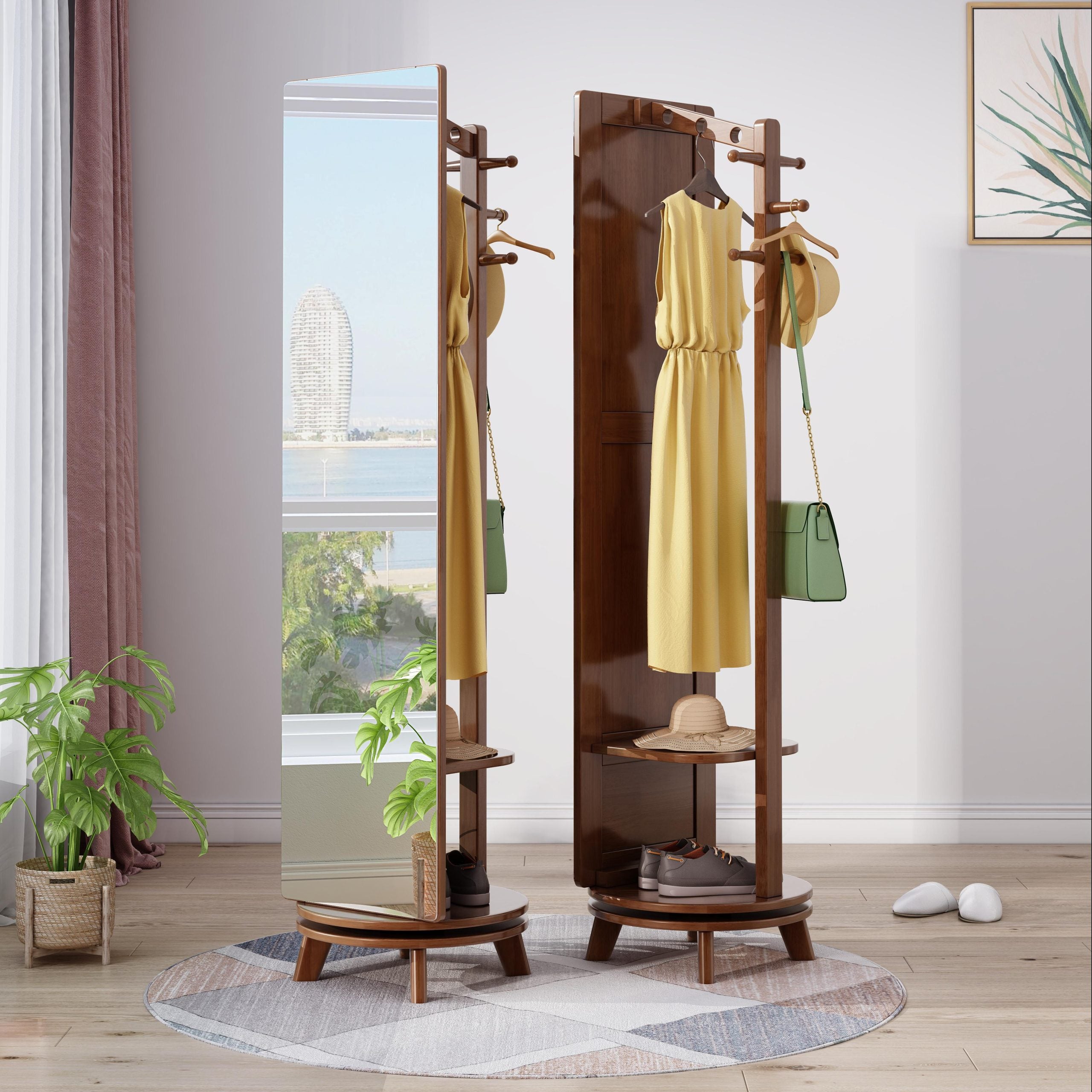 Lagom Rotate Mirror Coat Stand, Walnut image 0