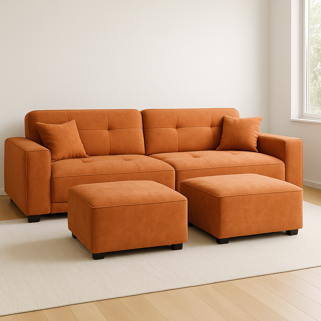 Mossy Cloud Duo-Lounge 3M Sofa with Two Footrests, Orange image 1