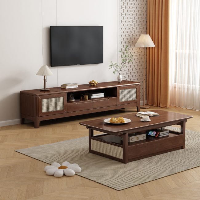 Lagom Rattan Coffee Table & TV Unit Set, Walnut - Image 2