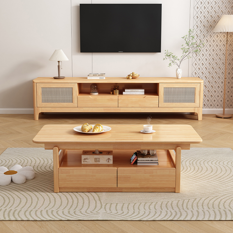 Lagom Rattan Coffee Table & TV Unit Set, Wood