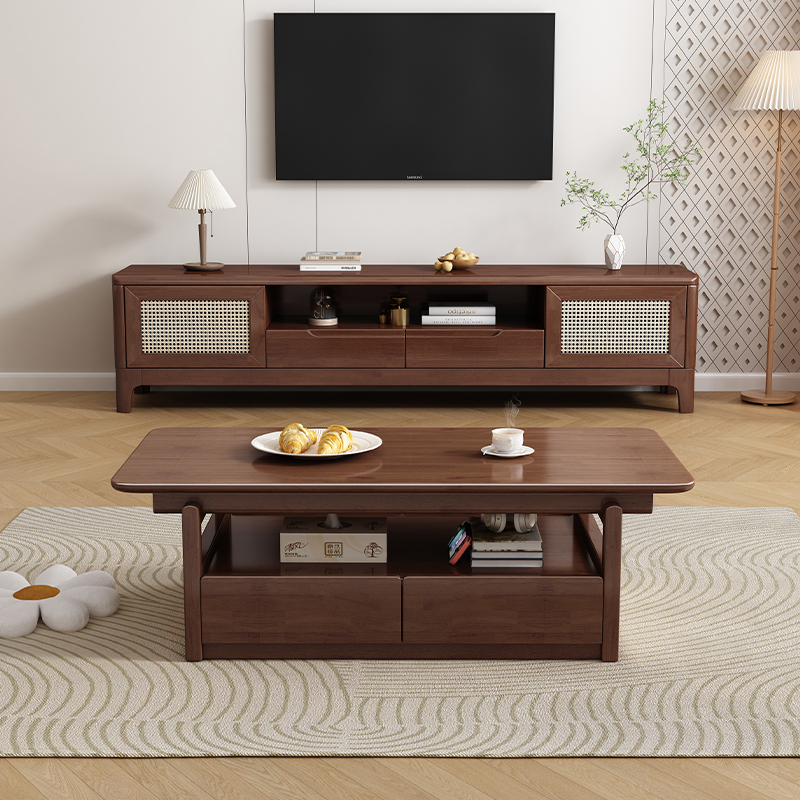 Lagom Rattan Coffee Table & TV Unit Set, Walnut