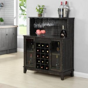 Charcoal Bar Cabinet with Wine Rack and Glass Doors